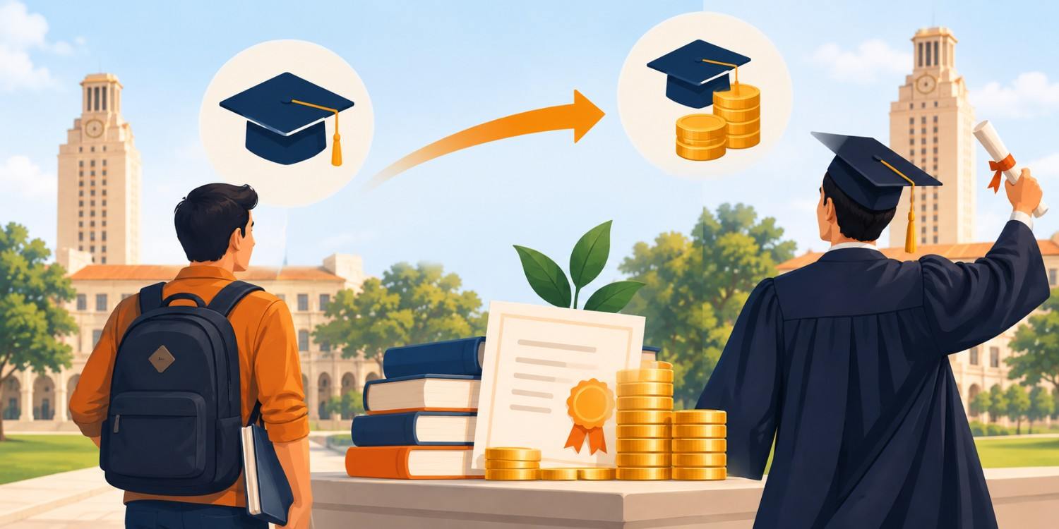 Student preparing an MBA scholarship application at the McCombs School of Business, with icons representing academics, leadership, networking, achievement, and career goals against the UT Austin campus.